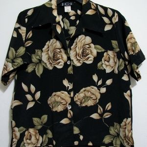 ICI Roses M Black Tan Polyester Button Blouse